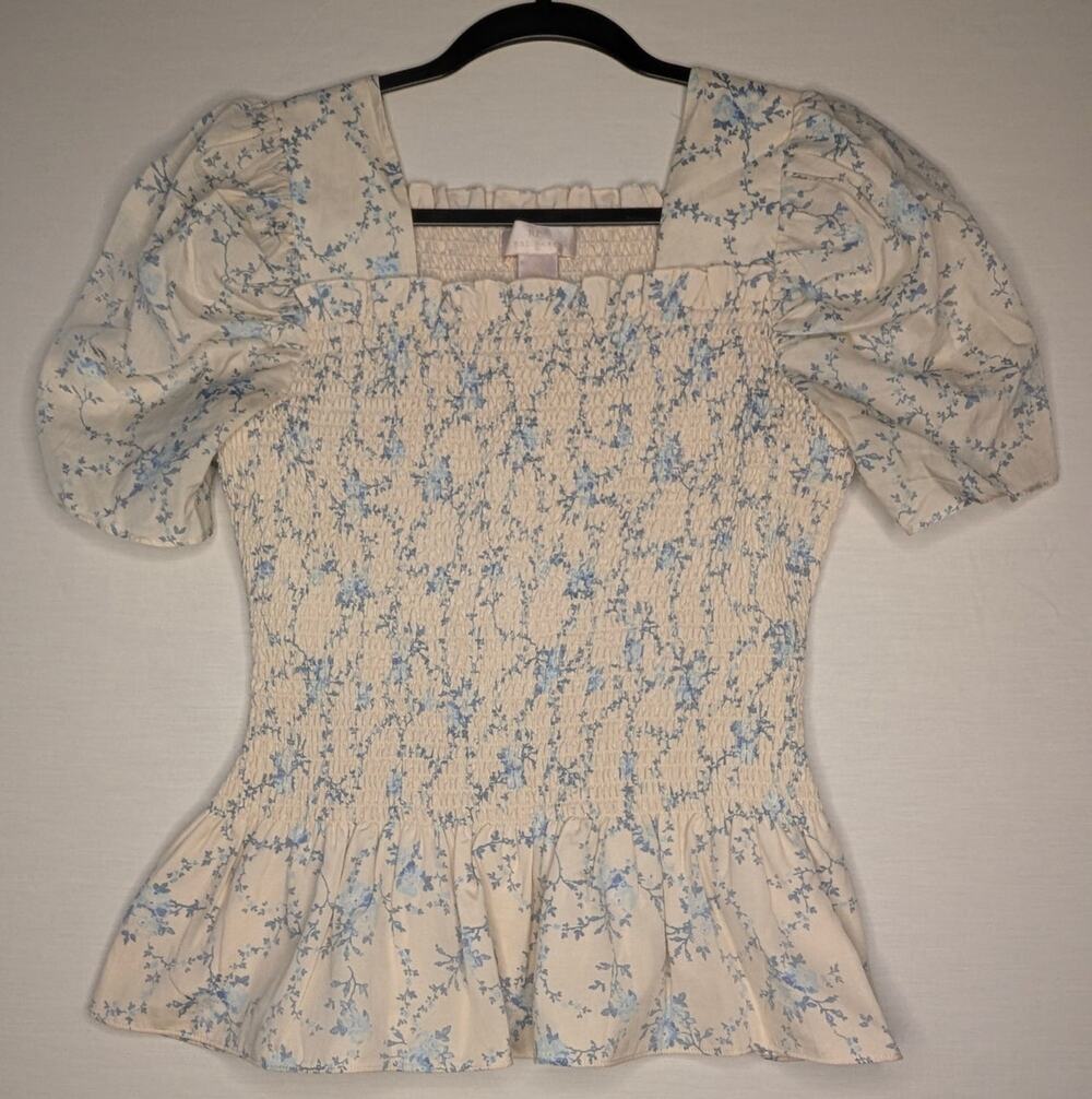 Rachel Parcell Floral Smocked Top Med Blue Cream Square Neck Peplum Puff Sleeve